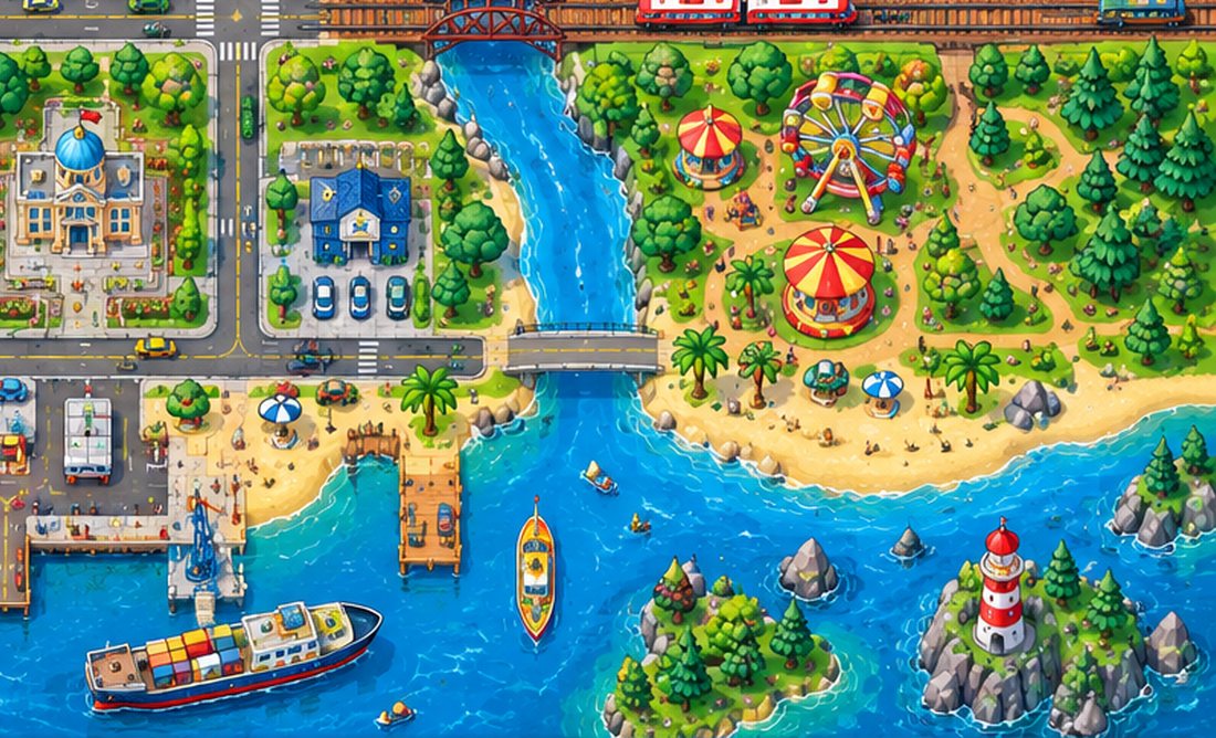 Ilustracja zieleni, rzeki, plaży i atrakcji lunaparku w Mapuli